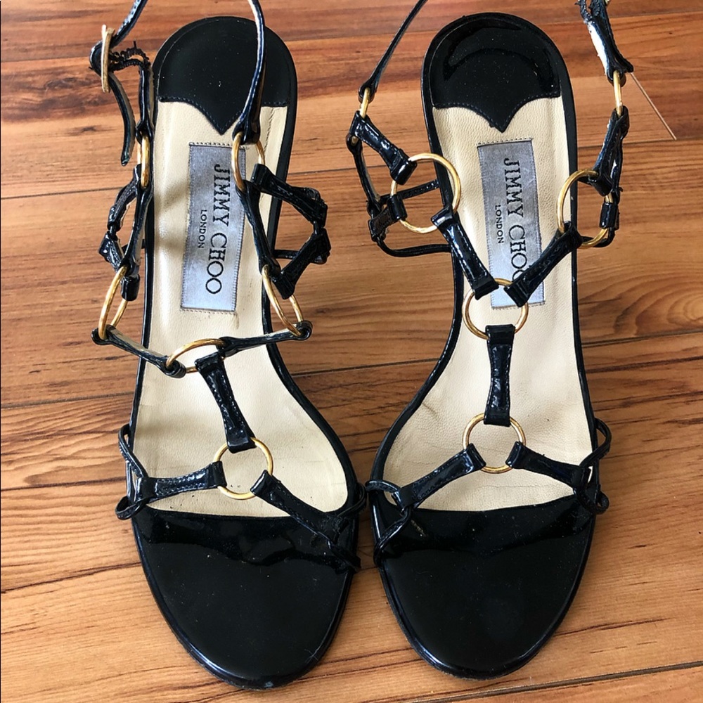 Jimmy Choo black patent sandal heels